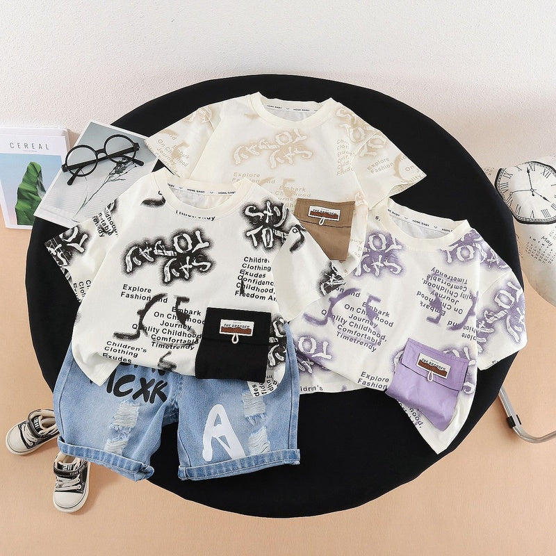 Boys' Outfit 2026 New Style Children's Summer Thin Short-Sleeve Two-Piece Set with Full Letter Print, Trendy and Cool