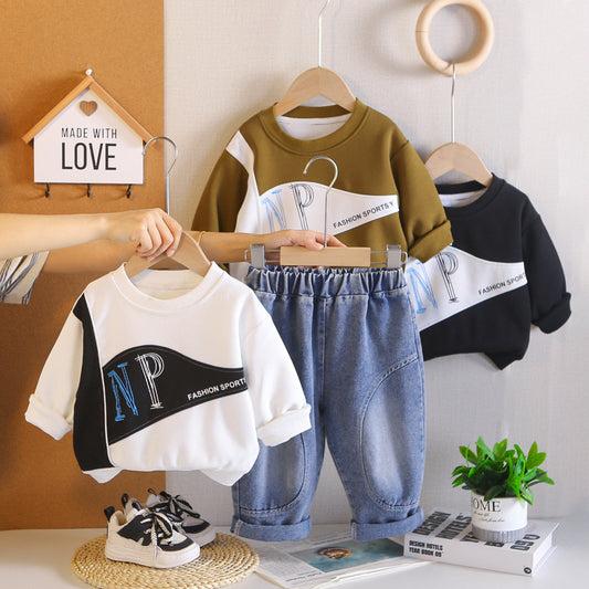 Boys' Outfit 2026 New Trendy Casual Patchwork Sports Two-Piece Set Children, Spring and Autumn Fashion for Toddlers
