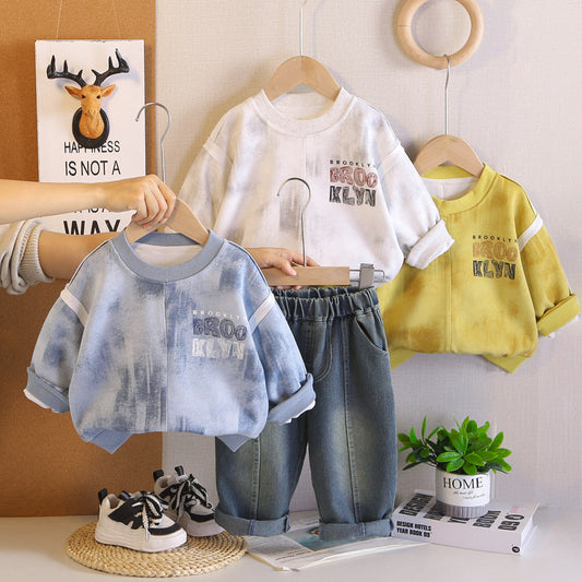 Boys' Spring and Autumn Sports Tie-Dye English Sweatshirt Two-Piece Set Children's Casual Long-Sleeve Clothes Baby Stylish Outfit