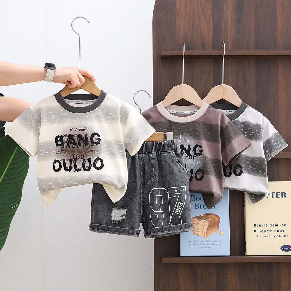 Boys' Summer Outfit 2026 New Stylish Korean Version Children's Gold-Embossed Wide-Striped Short-Sleeve Two-Piece Set Trendy Baby Clothes