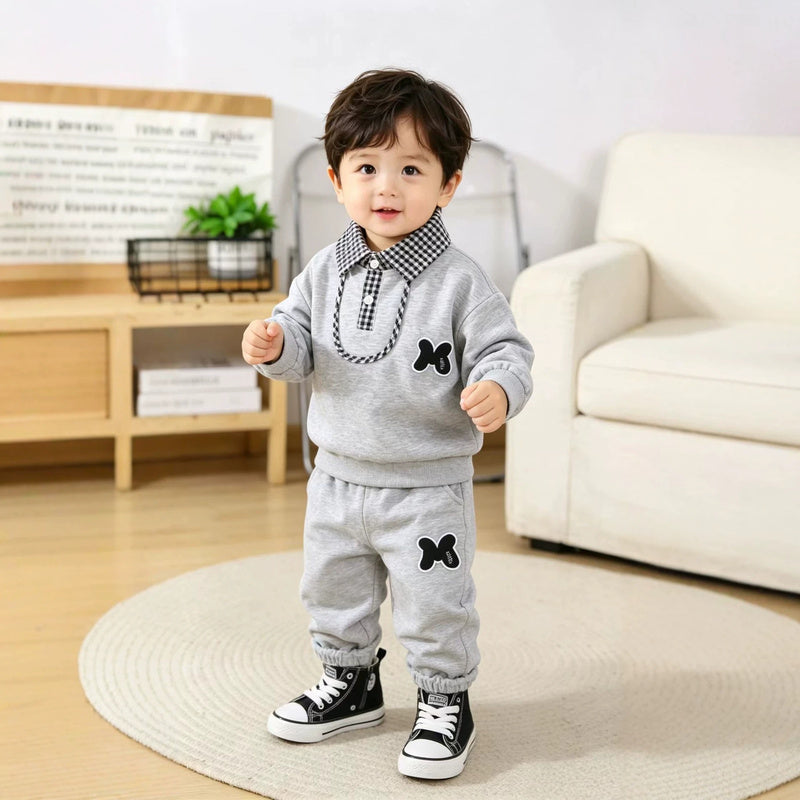 Boys' Outfit 2026 New Fashionable Children's Spring and Autumn Plaid Collar Sweatshirt Two-Piece Set Stylish Baby Trendy