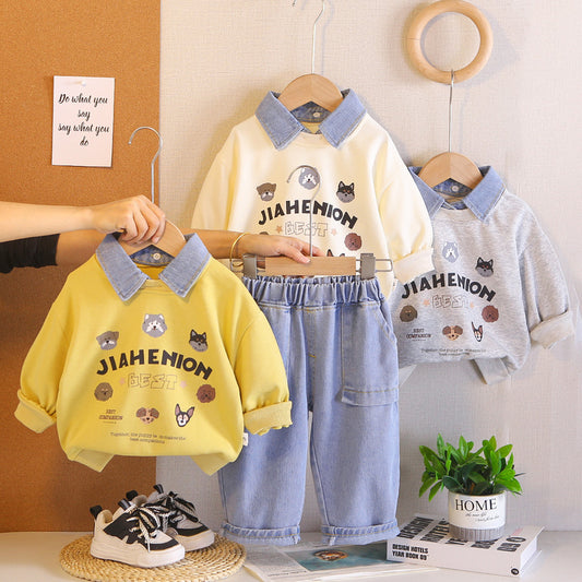 Boys' Suit 2026 New Spring and Style Children's Fashionable Clothes Baby Autumn Cartoon POLO Shirt Two-Piece Set Trendy