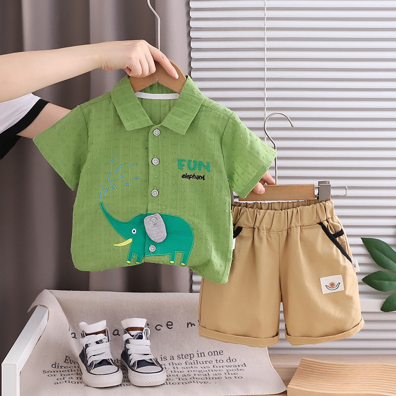 Outfit 2026 New Fashionable Baby Summer Clothes Boys' Elephant Print Short Sleeve Two-Piece Set Trendy