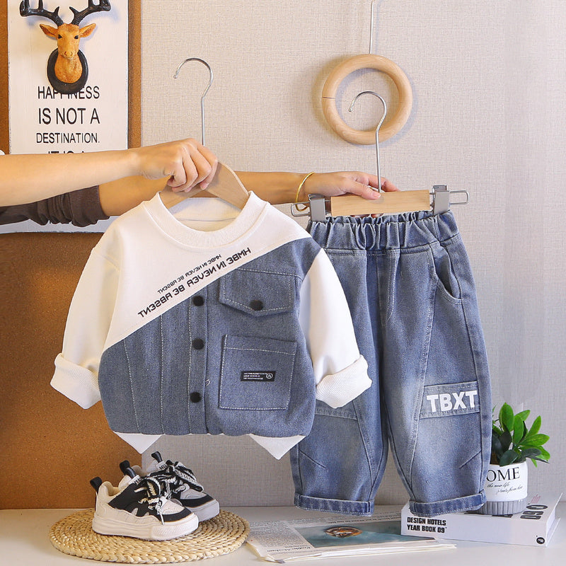 Boys' spring fashion patchwork denim sweatshirt two-piece set, stylish toddler clothes for spring, trendy baby and children's clothing