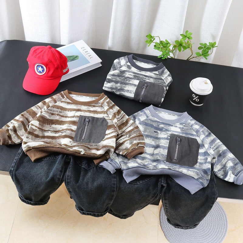 Boys' Outfit 2026 New Children's Spring and Autumn Tie-Dye Striped Sweatshirt Two-Piece Set Baby Korean Style Trendy Clothes