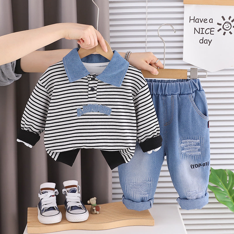 Boys' Outfit Set 2026 New Style Infant Children's Spring and Autumn Striped Denim Polo Sweatshirt Two-Piece Baby Boy Clothes