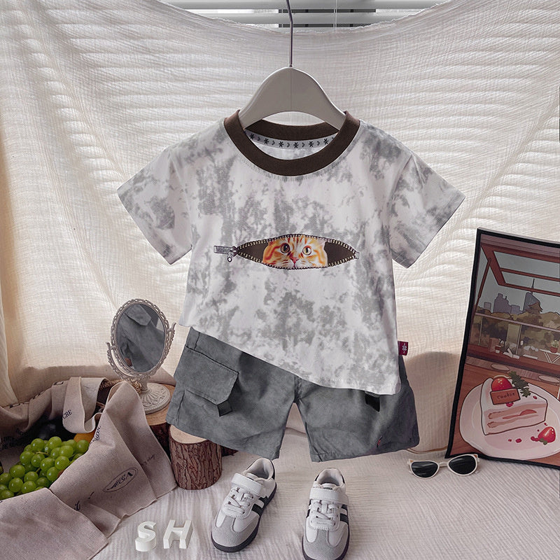 Zipper Cat Short Sleeve 2026 New Children's Outfit Baby Two-Piece Set Boys' Summer Fashion