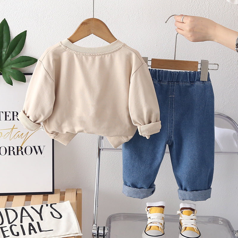 Boys' Autumn Fashionable Letter Patchwork Sweatshirt Two-Piece Set, Stylish Spring Outfit for Toddlers and Infants