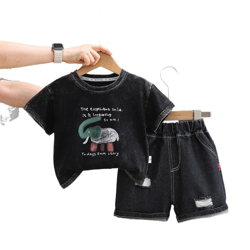 Boys' Outfit 2026 New Baby Elephant Round Neck Short Sleeve Two-Piece Set Children's Summer Clothes Trendy Kids' Clothing