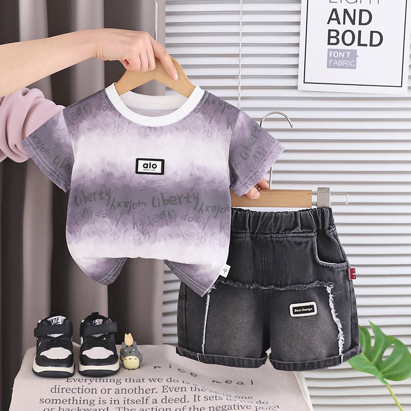 Boys' 2026 Short Sleeve New Children's Round Neck Letter Logo Workwear Summer Outfit Baby Two-Piece Trendy Set