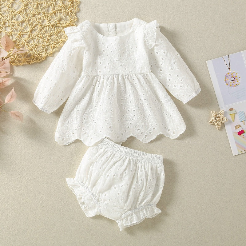 Cross-border infant cotton dyed pink and white long-sleeved dress + shorts two-piece set AL064 #