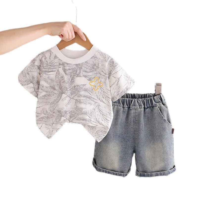 Boys' Outfit 2026 New Stylish Children's Summer Thin Leaf Print Round Neck Short Sleeve Two-Piece Set for Baby Boys