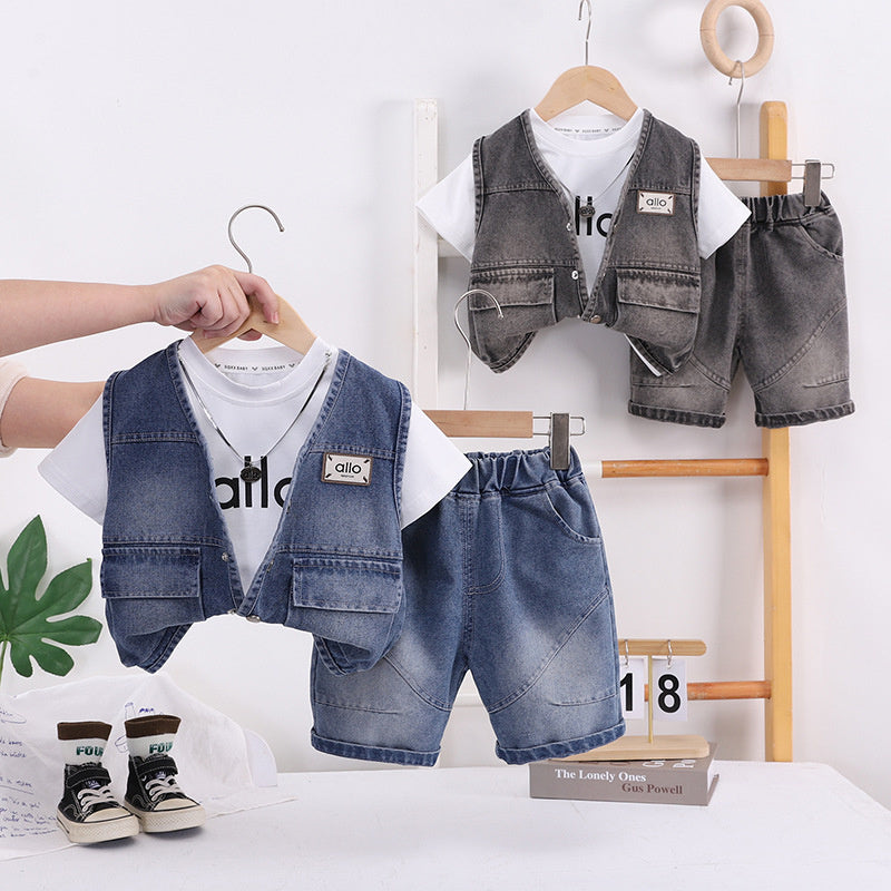 Boys' Short-Sleeve Outfit 2026 New Fashionable Children's Summer Letter Vest Three-Piece Set Baby Casual Trendy