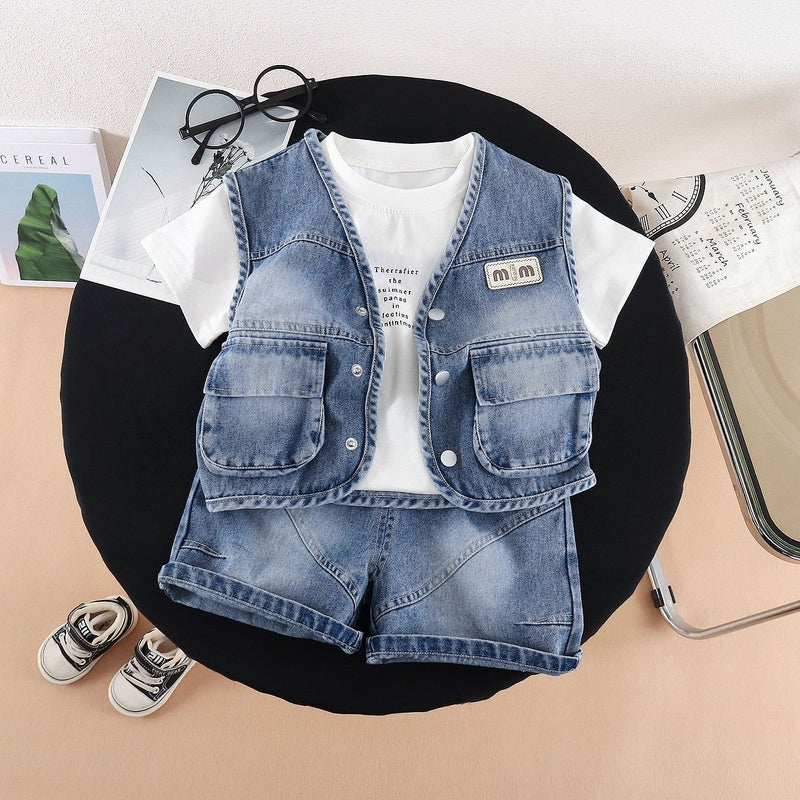 Summer Suit 2026 New Children's Baby Denim Vest Short Sleeve Three-piece Set Korean Style Boys Casual Wear