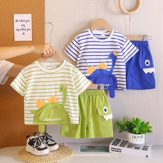 Boys' Summer Outfit 2026 New Fashionable Striped Hat Dinosaur Short Sleeve Shorts Baby Two-Piece Set