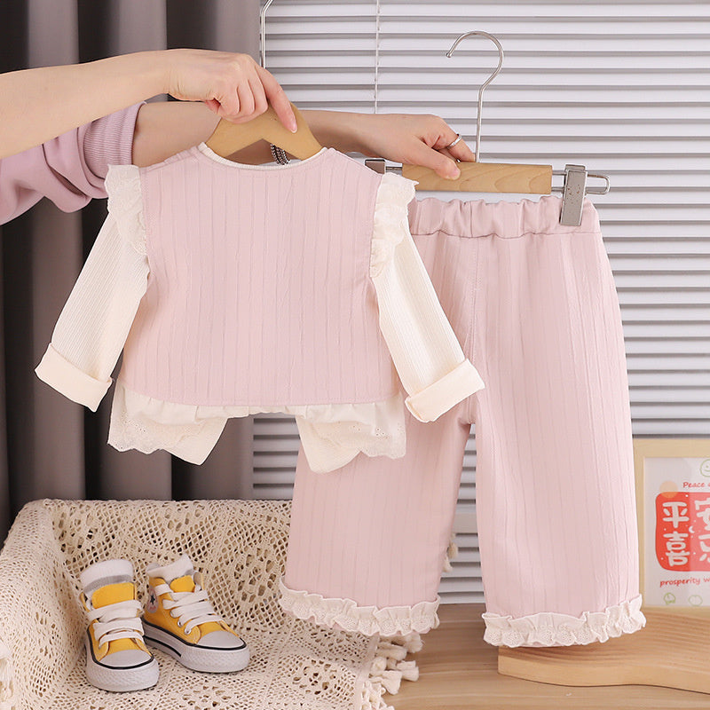 Stylish Spring and Autumn Outfit for Girls, 2026 New Korean Fashionable Baby Girl Lace Vest Three-Piece Set