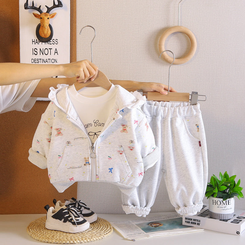 Girls' outfit with all-over bunny print jacket, stylish children's spring and wear, Korean-style casual three-piece set for baby girls in autumn