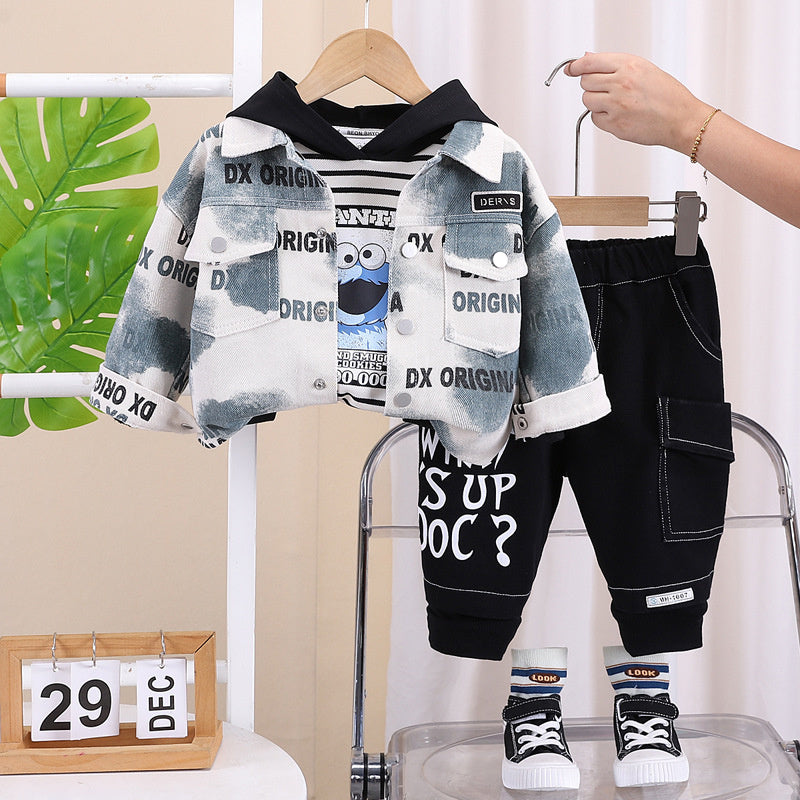 Jacket 2024 New Style Boys' Spring and Autumn Fashionable Letter Print Cool Three-Piece Set