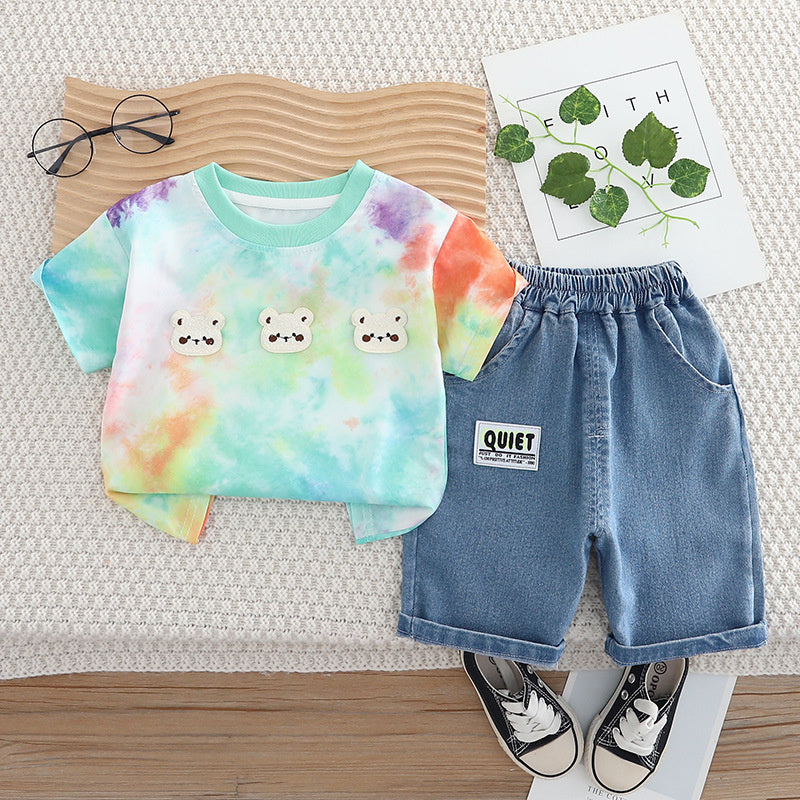 Baby Outfit: Infant Three Little Bears Short Sleeve Two-Piece Set, Boys' Summer Clothing, New 2025 Model for Infants and Toddlers, Dropshipping Available