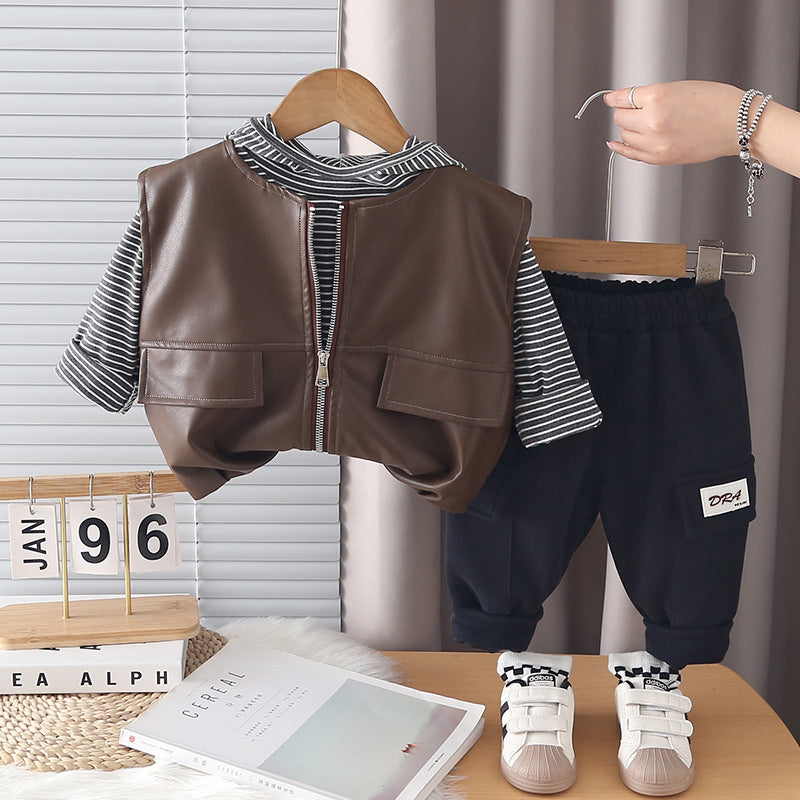 Boys' Spring and Autumn Outfit 2026 New Fashionable Children's Leather Vest Versatile Casual Three-Piece Set Trendy Wholesale