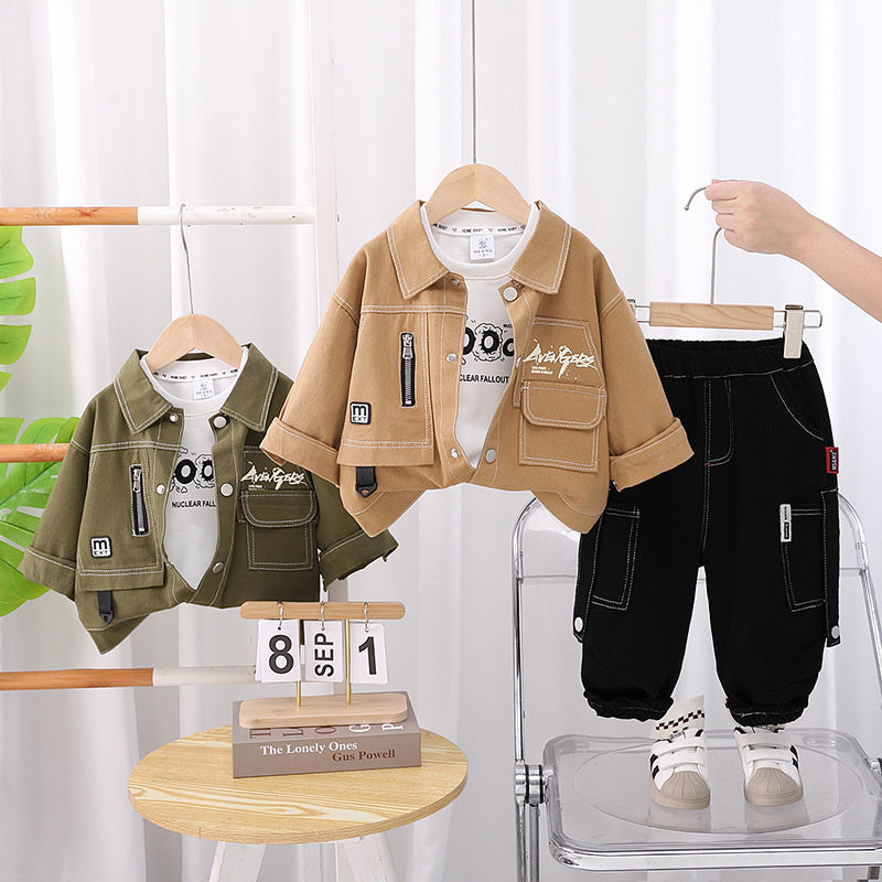Boys' Outfit 2025 New Baby Spring and Autumn Korean Style Toddler Clothes Children's Casual Pocket Cargo Three-Piece Set