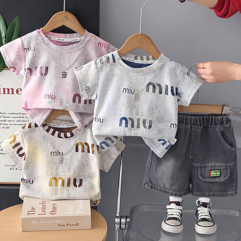 Boys' clothing for ages 1-4, 2-year-old infants' clothing, 3-year-old boy's necklace short-sleeve set, 5-year-old summer two-piece outfit