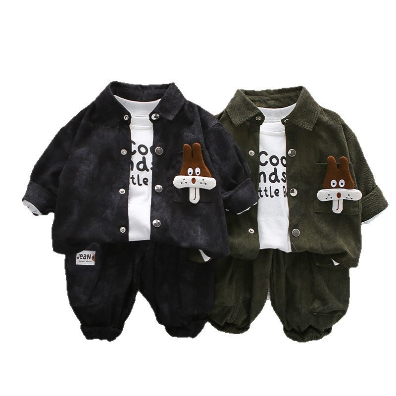 Boys' Autumn Outfit New Fashionable Infant and Children's Clothing Stylish Baby Outerwear Spring Corduroy Shirt Three-Piece Set