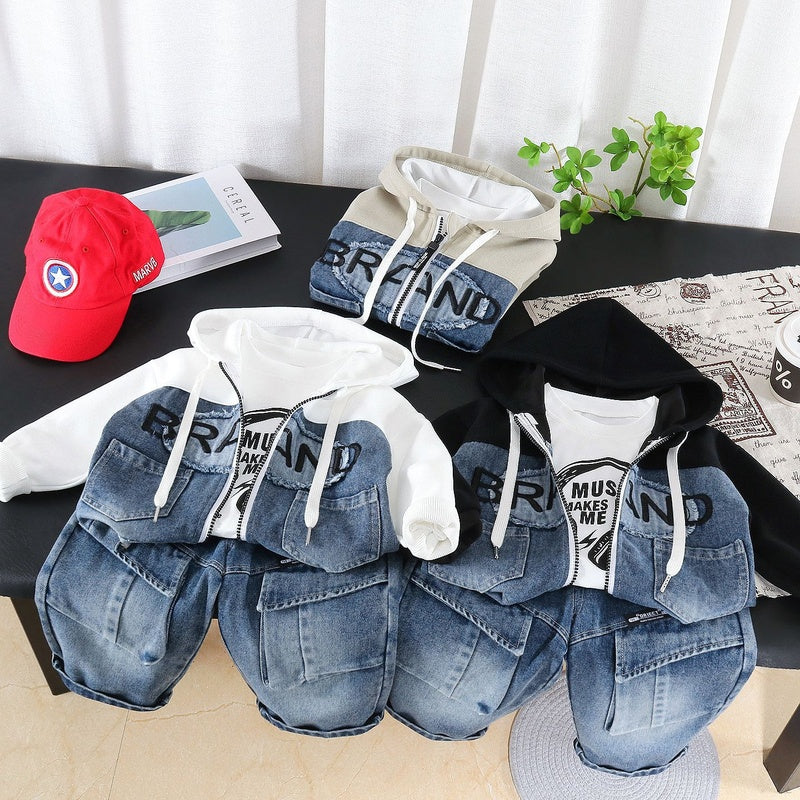 Boys' Outfit 2026 New Fashionable Children's Spring and Autumn Baby Patch Letter Zipper Hoodie Three-Piece Set