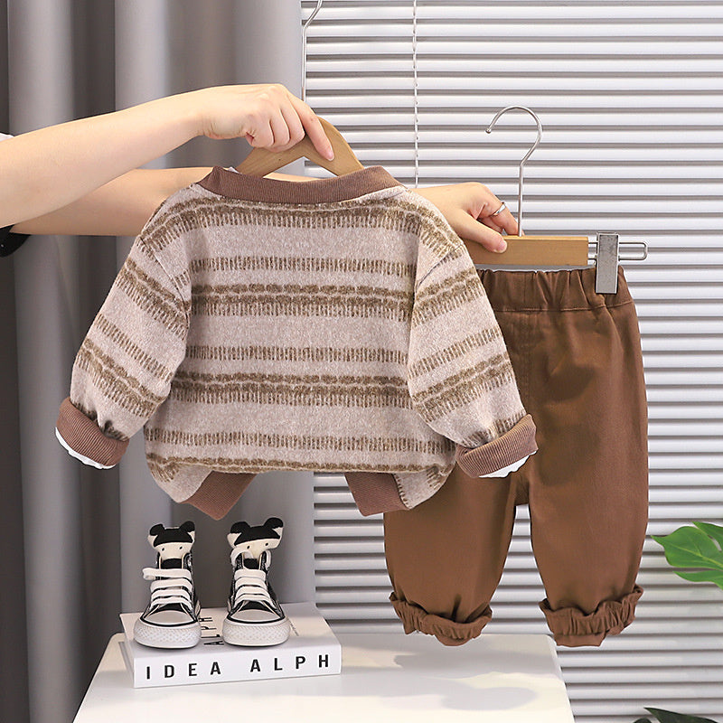 Boys' Suit Spring and Autumn 2026 New Fashionable Long-Sleeve Striped Cardigan Sweater Three-Piece Set Baby Clothes