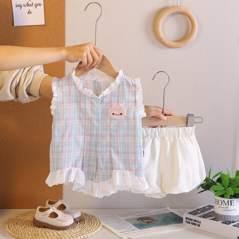 Girls' Outfit 2026 New Fashionable Colorful Plaid Rabbit Sleeveless Children's Clothing Baby Summer Two-Piece Set