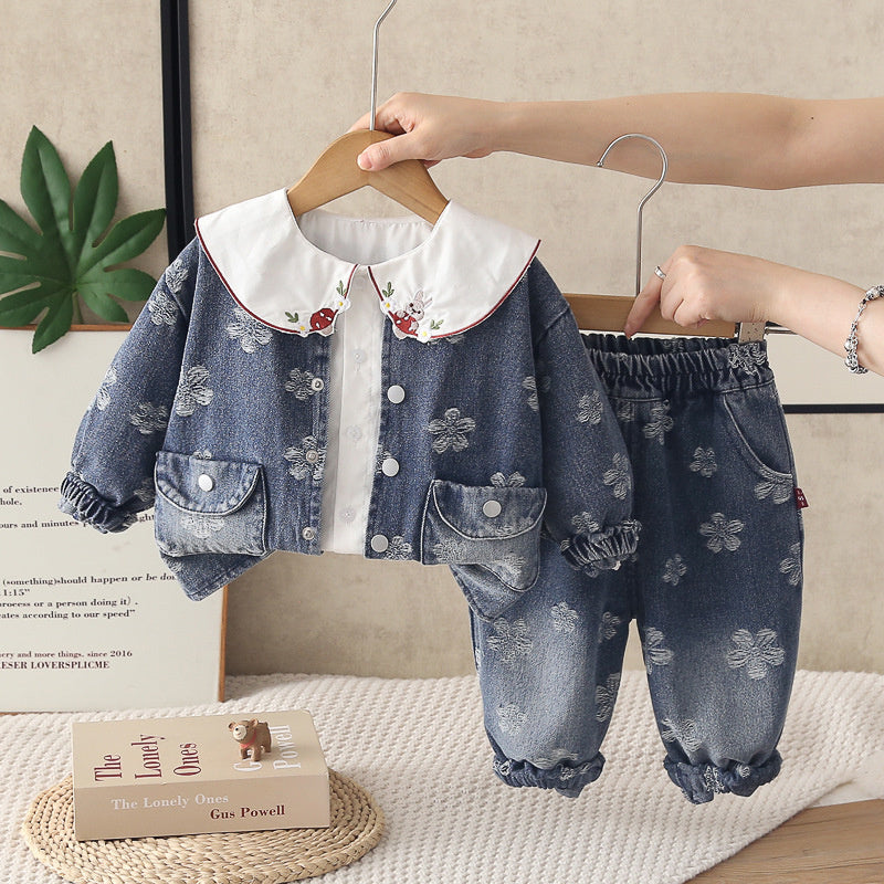 Girls' Spring and Autumn Petal Denim Outfit 2026 New Fashionable Korean Style Three-Piece Set for Young Girls