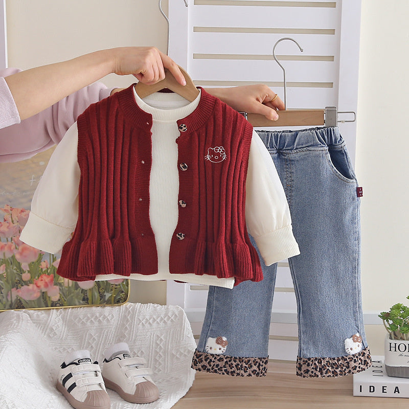 Girls' Cartoon Kitten Sweater Three-Piece Set, Stylish Fashionable Spring Autumn Clothes for Girls and Babies