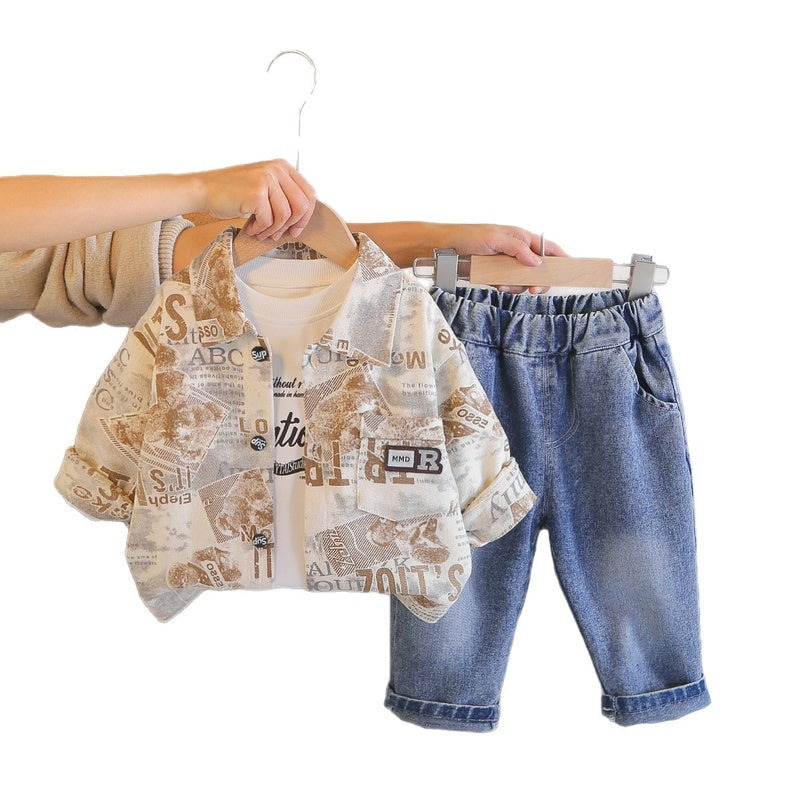 Boys' Outfit 2026 New Fashionable Long-Sleeve Letter Jacket Three-Piece Set for Children, Trendy Spring and Autumn Outerwear