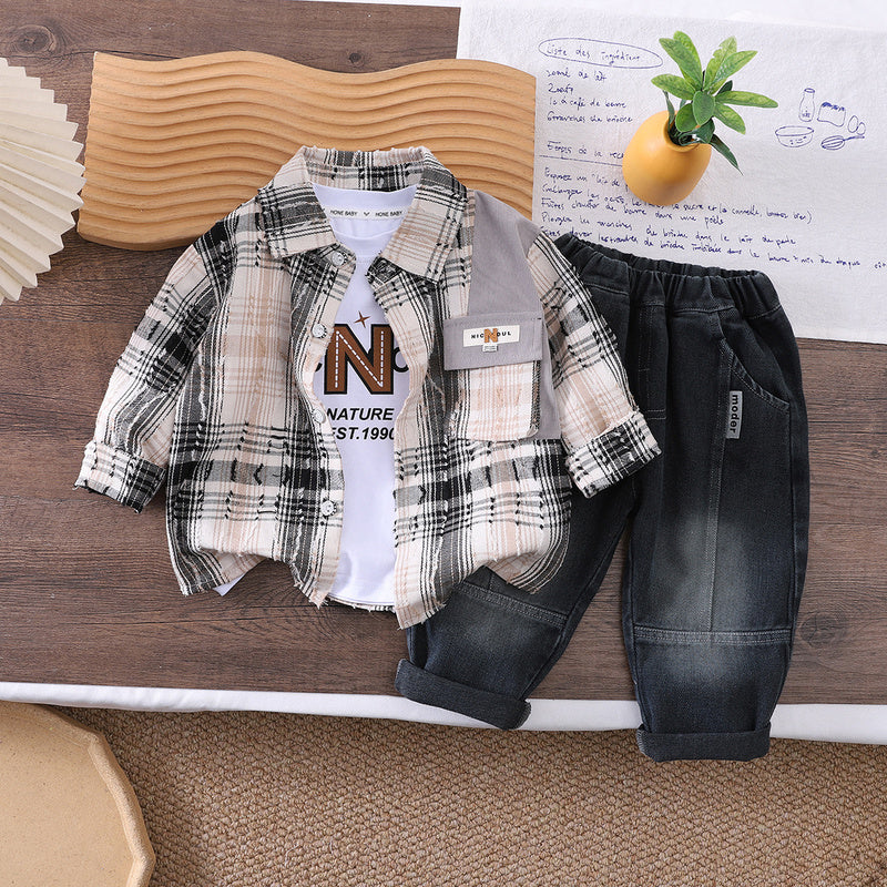 Boys' Spring and Outfit 2026 New Plaid Three-Piece Set Baby Autumn Casual Shirt Trendy Children's Clothing