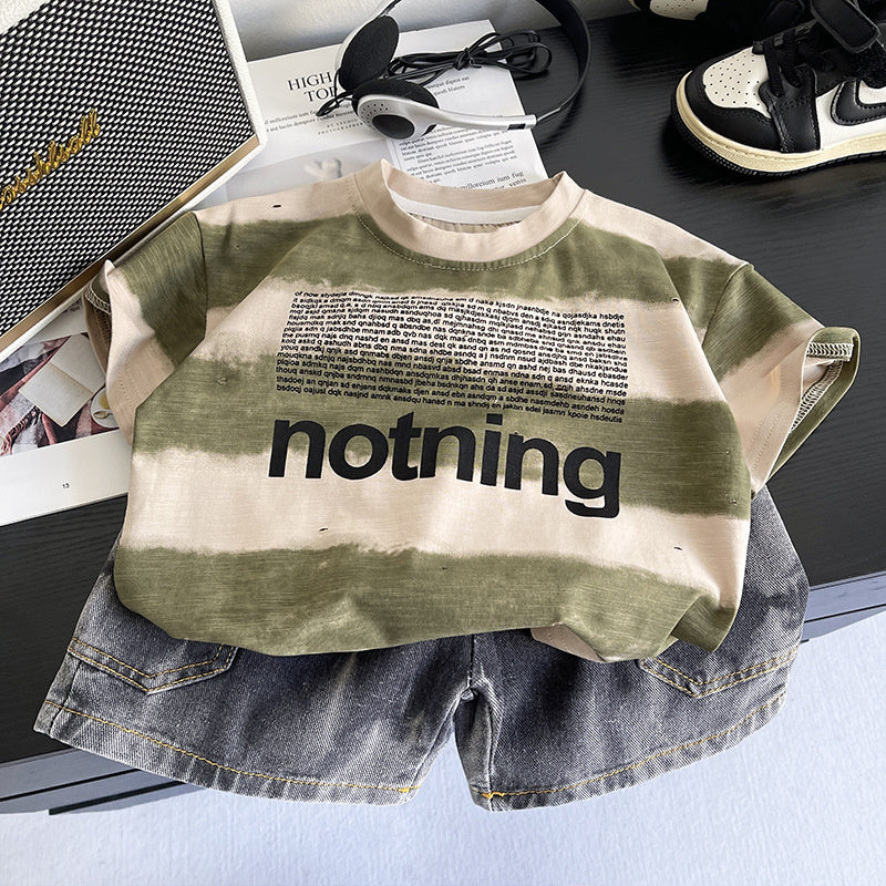Boys' wide-striped short-sleeve set with small letters, 2026 new model, baby clothing, infant children's wear, summer thin trendy clothes