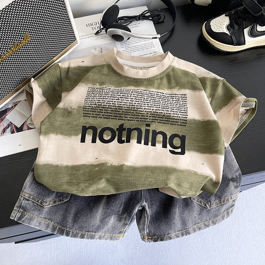 Boys' wide-striped short-sleeve set with small letters, 2026 new model, baby clothing, infant children's wear, summer thin trendy clothes