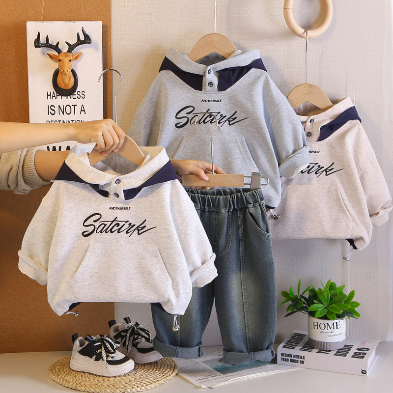 Boys' Spring English Hoodie Sweatshirt Set 2026 New Fashionable Children's Sporty Two-Piece Outfit for Little Boys