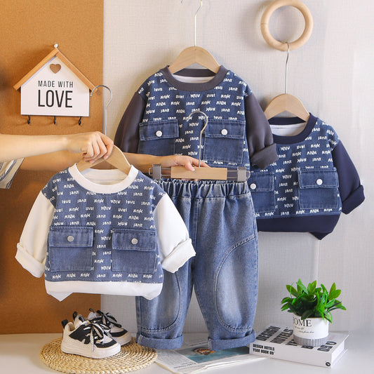 Children's clothing outfit 2026 new model baby boys' spring and autumn full-body letter print sweatshirt two-piece set