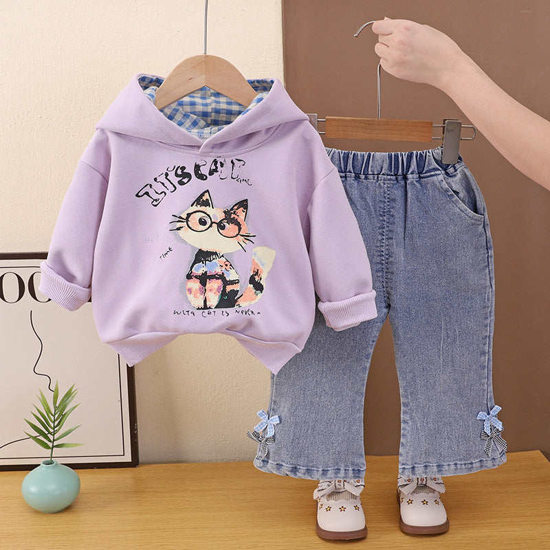 Children's Autumn Outfit 2026 New Spring-Autumn Set: Cat Print Sweatshirt and Jeans, Stylish Two-Piece Set for Girls
