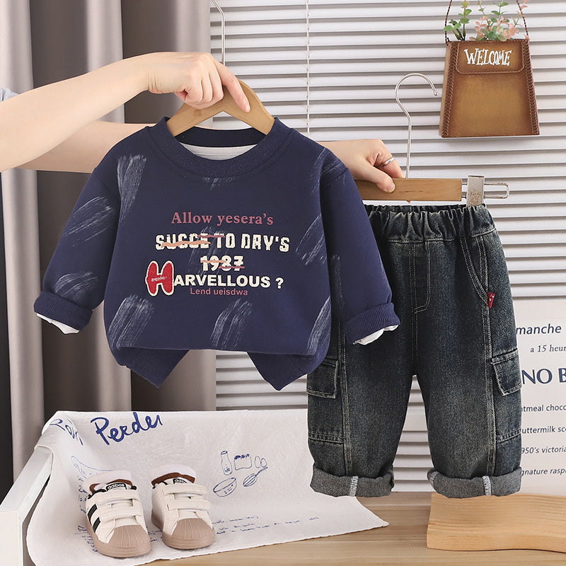 Boys' Autumn Outfit 2026 Spring-Autumn Clothes Infant Children's Letter Sweatshirt Baby Stylish Round Neck Two-Piece Set Trendy