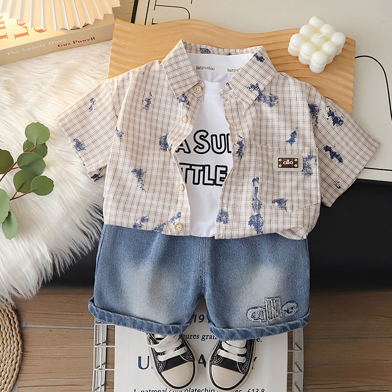 Boys' Short-Sleeve 2026 New Stylish Baby Summer Clothes Fashionable Plaid Shirt Three-Piece Set Trendy