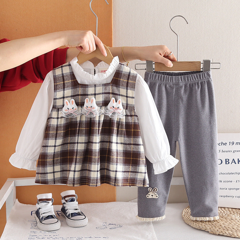 Girls' Spring Outfit 2026 New Fashionable Children's Plaid Rabbit Head Vest Three-Piece Set for 1-3 Year Old Babies