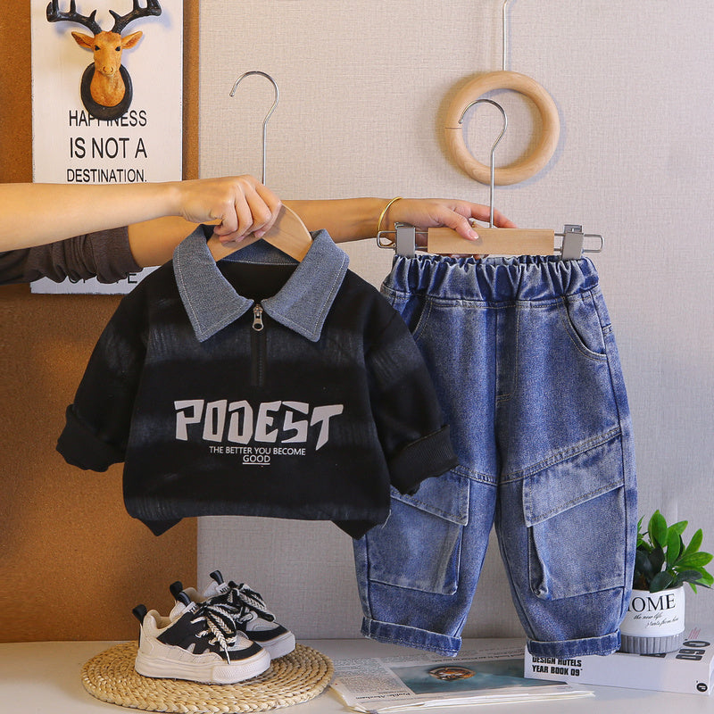 Boys' Outfit 2026 New Stylish Half-Zip Sweatshirt Set Baby Spring Fashionable and Trendy Infant Children's Clothing