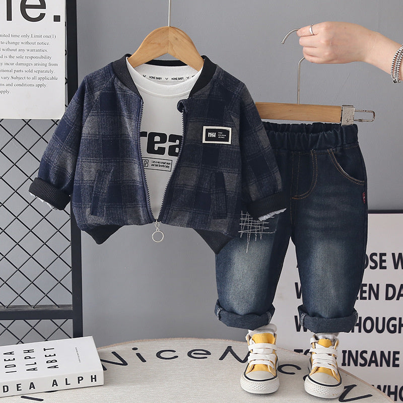 Boys' Outfit 2026 New Fashionable Baby Casual Stand Collar Plaid Jacket Children's Spring and Autumn Three-Piece Set