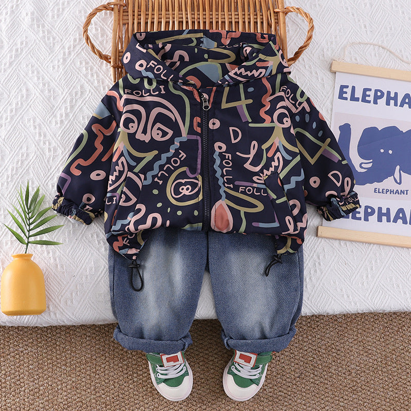 Boys' Outfit for Spring and Autumn 2026 New Graffiti Line Jacket, Long Sleeve Baby Korean Style Two-Piece Set Trendy