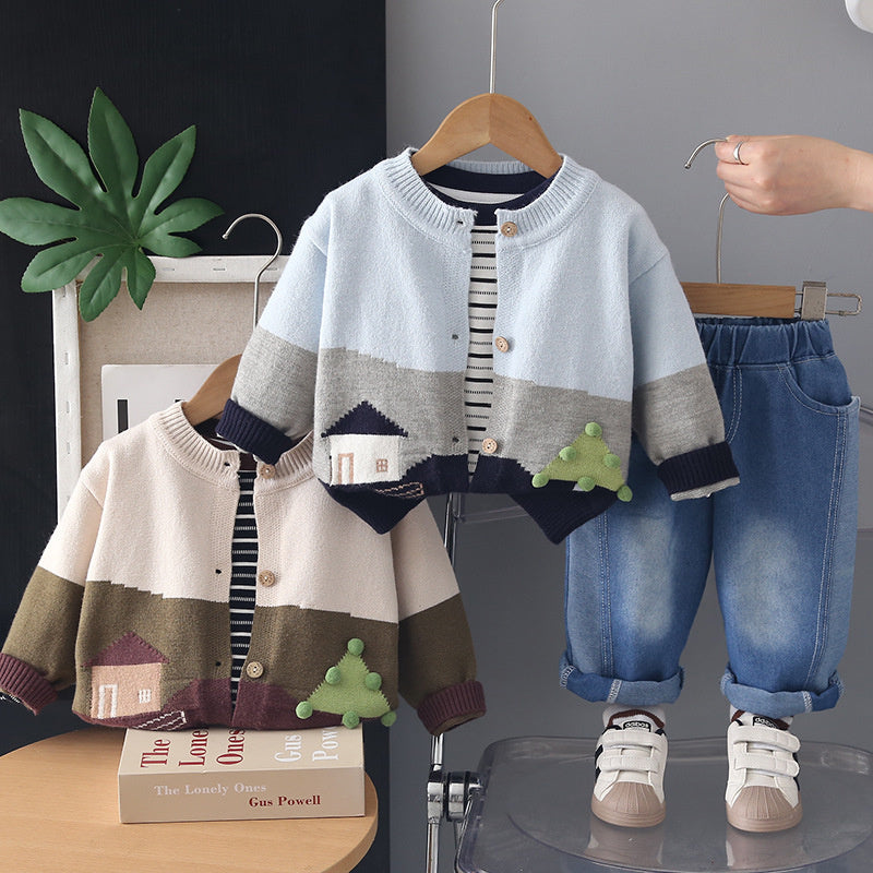 Boys' Outfit Set, New Spring Autumn Style Infants and Children, Stylish Korean Version House Sweater Long Sleeve Three-Piece Set for Boys