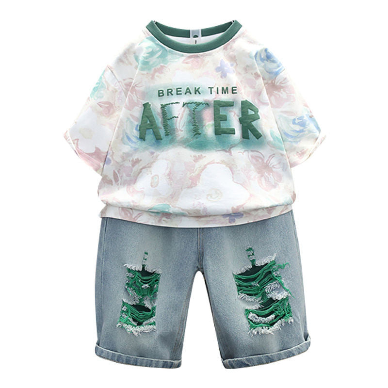 Boys' Short-Sleeve Outfit 2024 New Fashionable Children's Clothing Older Boys, Stylish Lightweight Two-Piece Set for Summer