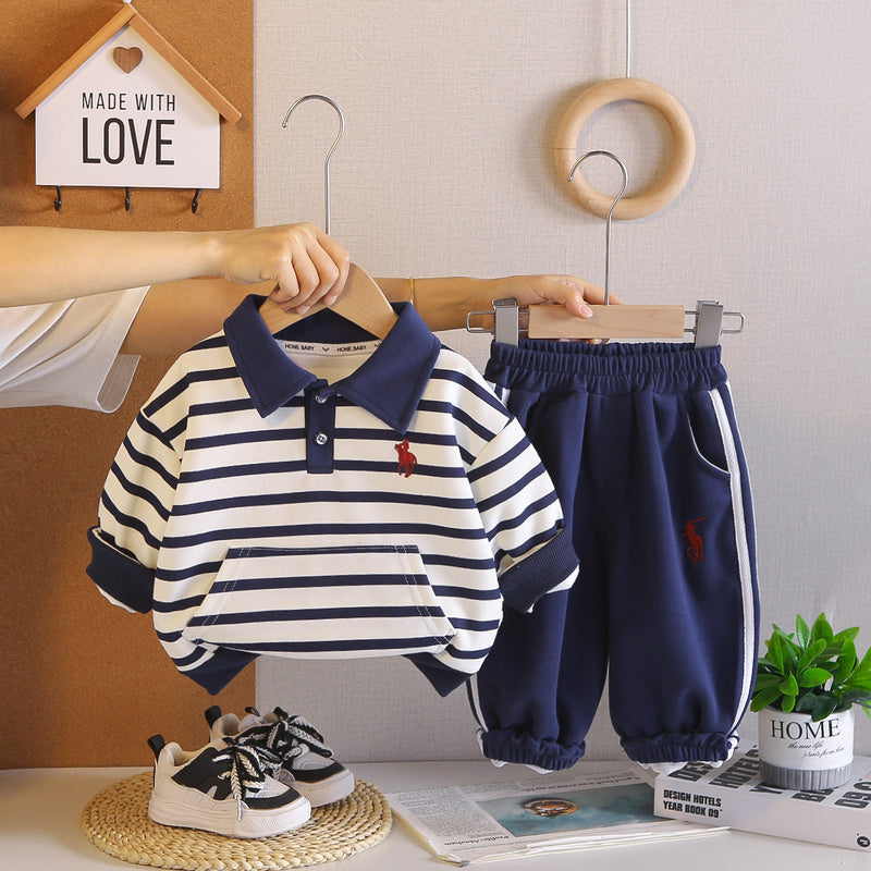 Boys' Outfit, Stylish New 2026 Striped Polo Shirt Two-Piece Set, Cool Long-Sleeve Spring and Autumn Fashion