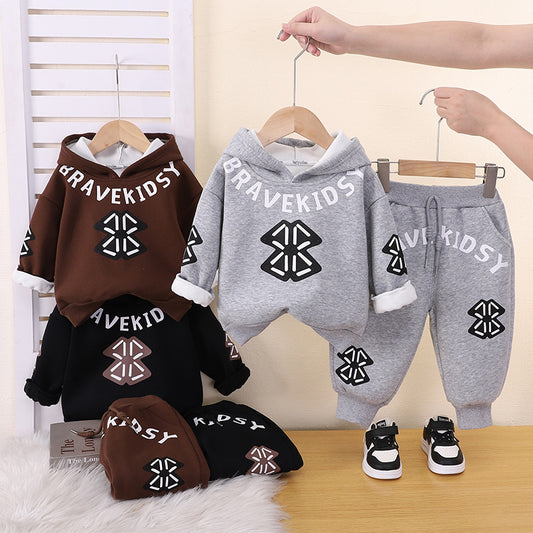 Boys' Suit 2026 New Fleece-Lined Stylish Clothes for Children and Infants, Trendy Letter-Printed Sweatshirt Two-Piece Set