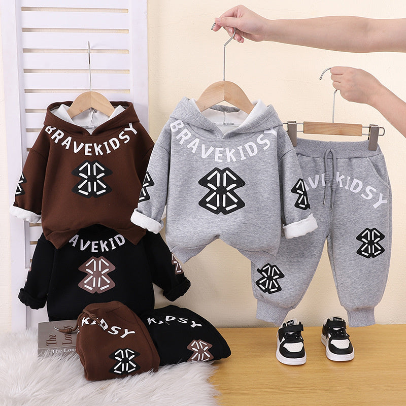 Boys' Suit 2026 New Fleece-Lined Stylish Clothes for Children and Infants, Trendy Letter-Printed Sweatshirt Two-Piece Set